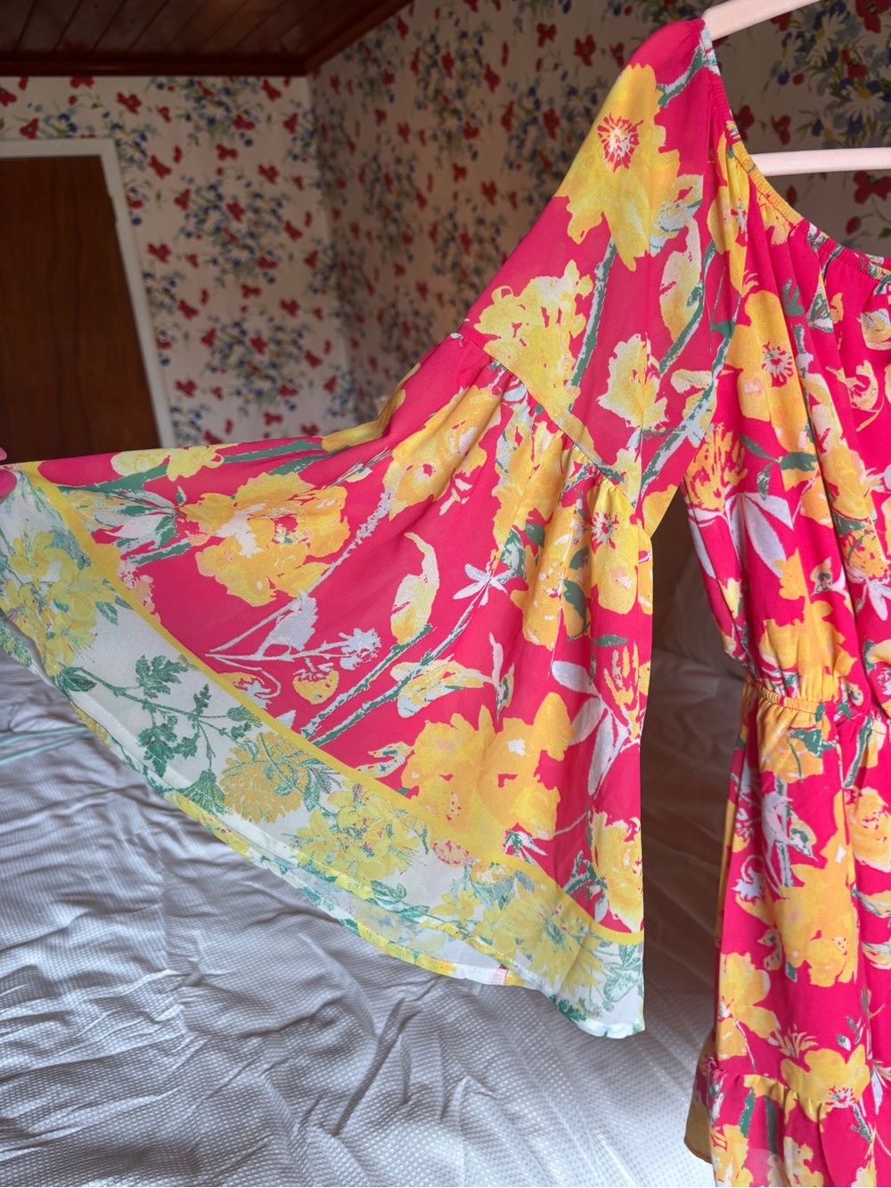 flying tomato floral romper pink yellow boho cottagecore festival off shoulder L - Picture 4 of 9